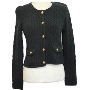 J. Crew Black Cable Knit Button Front Cardigan Sweater XS Petite Gold Buttons